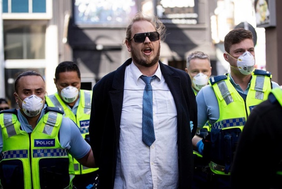 Eastwood was arrested at an anti-lockdown protest outside TVNZ in downtown Auckland last month. (Photo / Dean Purcell)