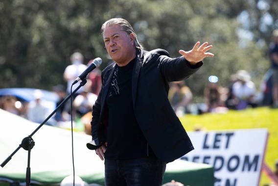 Destiny Church founder Brian Tamaki at a lockdown and vaccination protest in Auckland in October last year. (Photo / Brett Phibbs)