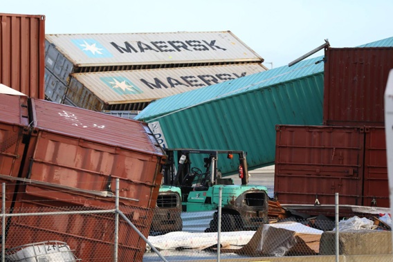 The tornado ripped through a Ports of Auckland shipping container yard in South Auckland. (Photo / Hayden Woodward)