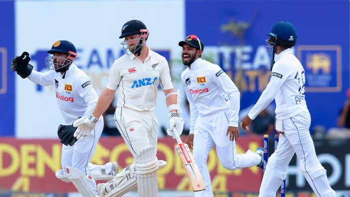 Sri Lanka celebrate the wicket of Kane Williamson. Photo / Cricket Sri Lanka