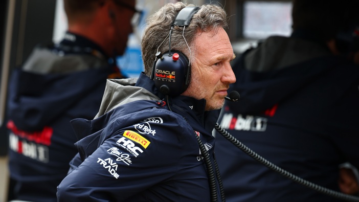 Christian Horner, Team Principal of Oracle Red Bull Racing looks on during the F1 Grand Prix of Great Britain at Silverstone Circuit on July 06, 2025 in Northampton, England. (Photo by Mark Thompson/Getty Images)
