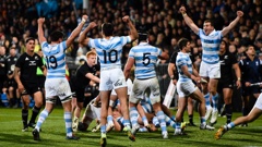 Argentina players celebrate winning the Rugby Championship game in Christchurch. Photosport