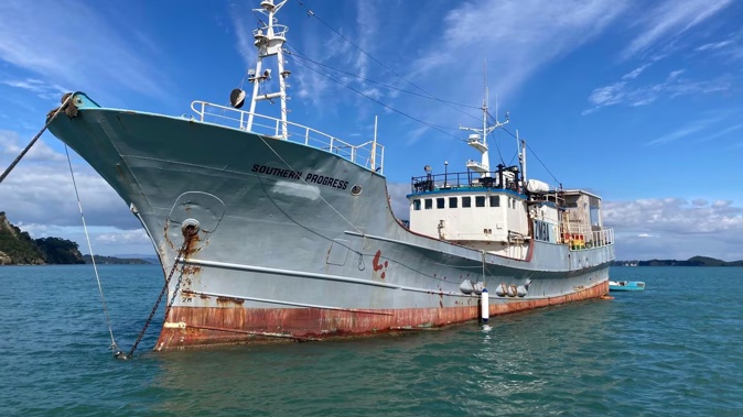 Southern Progress, an abandoned 35m former fishing vessel in Islington Bay, Rangitoto.