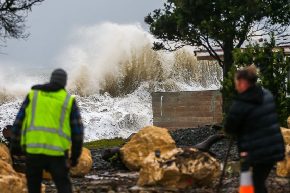 An area of Haumoana at Beach Rd, beside the Four Square, that is prone to coastal inundation. The house in the background is already long abandoned due to the risk of inundation. A slow-moving storm has smashed the Tairāwhiti and Hawke’s Bay regions overnight, bringing rough seas, gale-force winds and heavy rain, with more to come today. New Zealand Herald photograph by Paul Taylor 26 June 2024