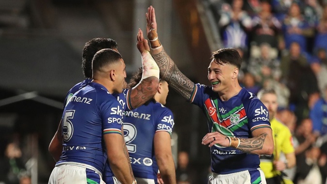 Charnze Nicoll-Klokstadcelebrates with team mates during the NRL elimination final match between the New Zealand Warriors and the Newcastle Knights. Photo / Photosport