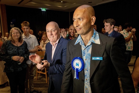 New Hamilton West MP, Tama Potaka is flanked by Prime Minister, Christopher Luxon.