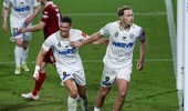 Sam Cosgrove of Auckland celebrates after scoring his teams second goal from a penalty during the Leg 2 of the A-League Men Elimination Final series between Adelaide United and Auckland FC at Coopers Stadium, on May 15, 2026, in Adelaide, Australia. (Photo by Mark Brake/Getty Images)