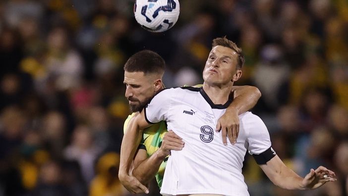 Milos Degenek of Australia competes with Chris Wood of New Zealand during the International Friendly Match between Australia Socceroos and New Zealand All Whites at GIO Stadium on September 05, 2025 in Canberra, Australia. (Photo by Darrian Traynor/Getty Images)