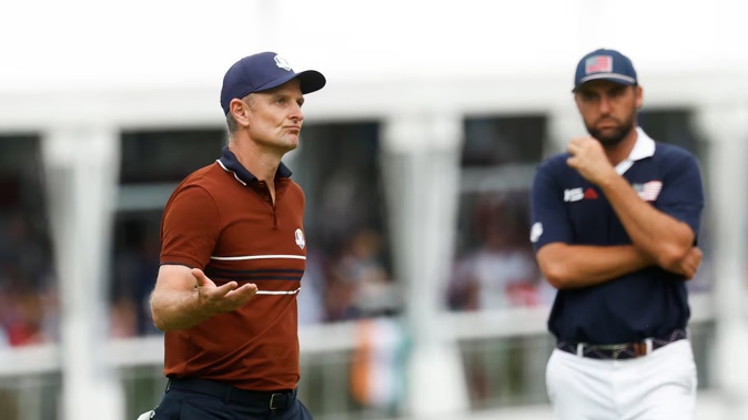 Europe's Justin Rose reacts after making a birdie on the 15th hole during the Saturday afternoon four-balls matches at the Bethpage State Park Golf Course. Photo / Getty Images