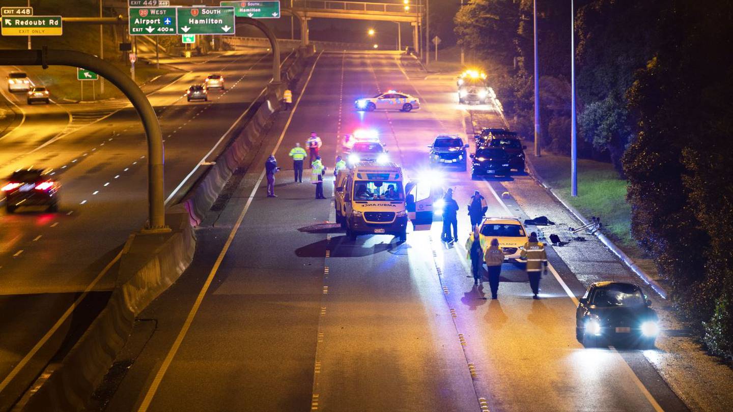 The crash scene on the Southern Motorway. Photo / Hayden Woodward