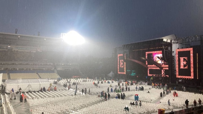 Elton John conertgoers evacuate Mt Smart Stadium after announcements the concert was cancelled following heavy rain. Photo / Nick Bewley