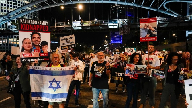 Families and friends of about 240 hostages held by Hamas in Gaza calling for Israeli Prime Minister Benjamin Netanyahu to bring them home. Photo / AP
