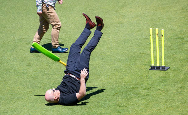 Christopher Luxon takes a tumble while playing cricket during the National Party caucus retreat in 2021. Photo / Mark Mitchell