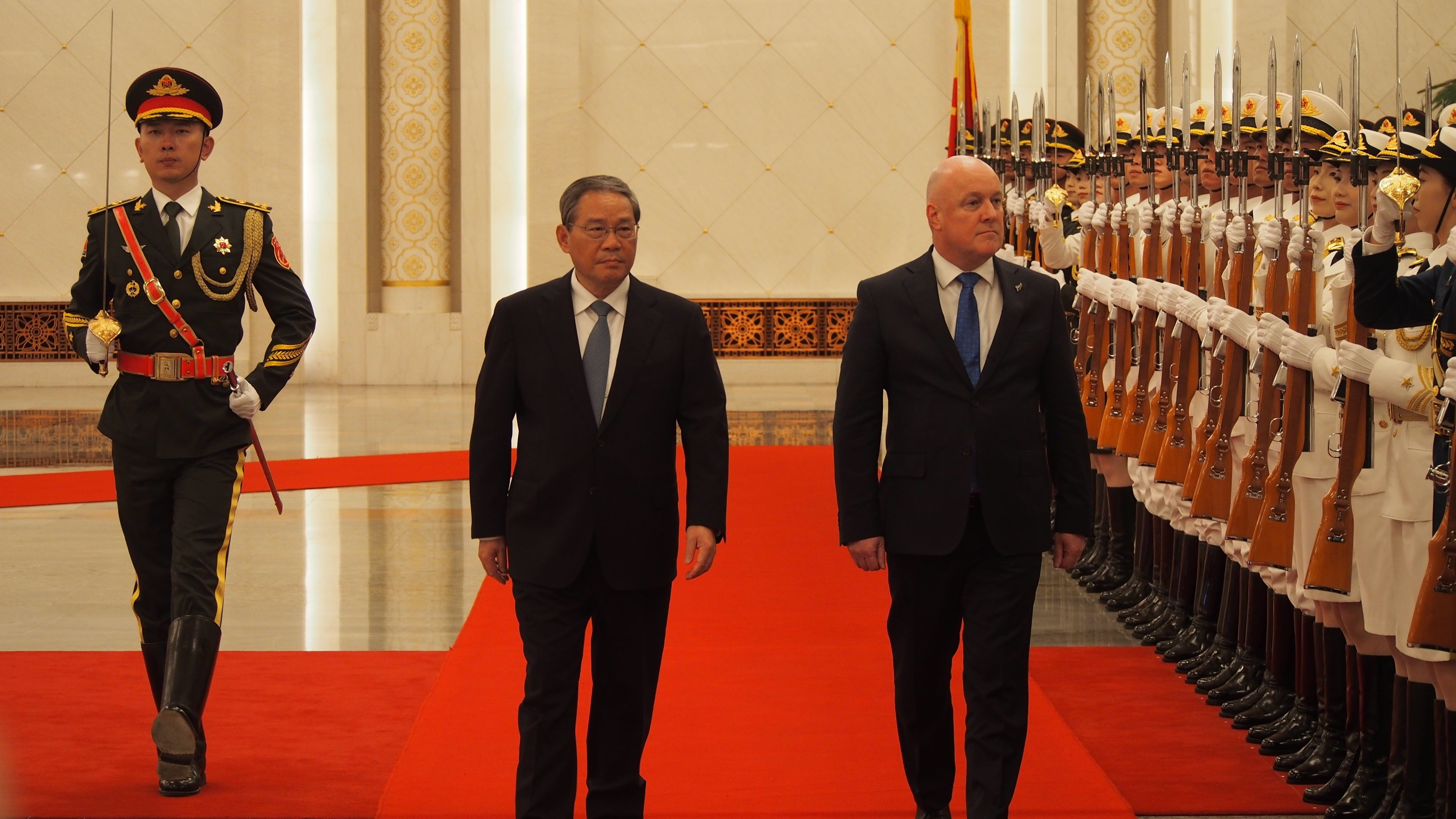 Prime Minister Chirstopher Luxon and Premier Li Qiang in the Great Hall of the People. Photo / Thomas Coughlan