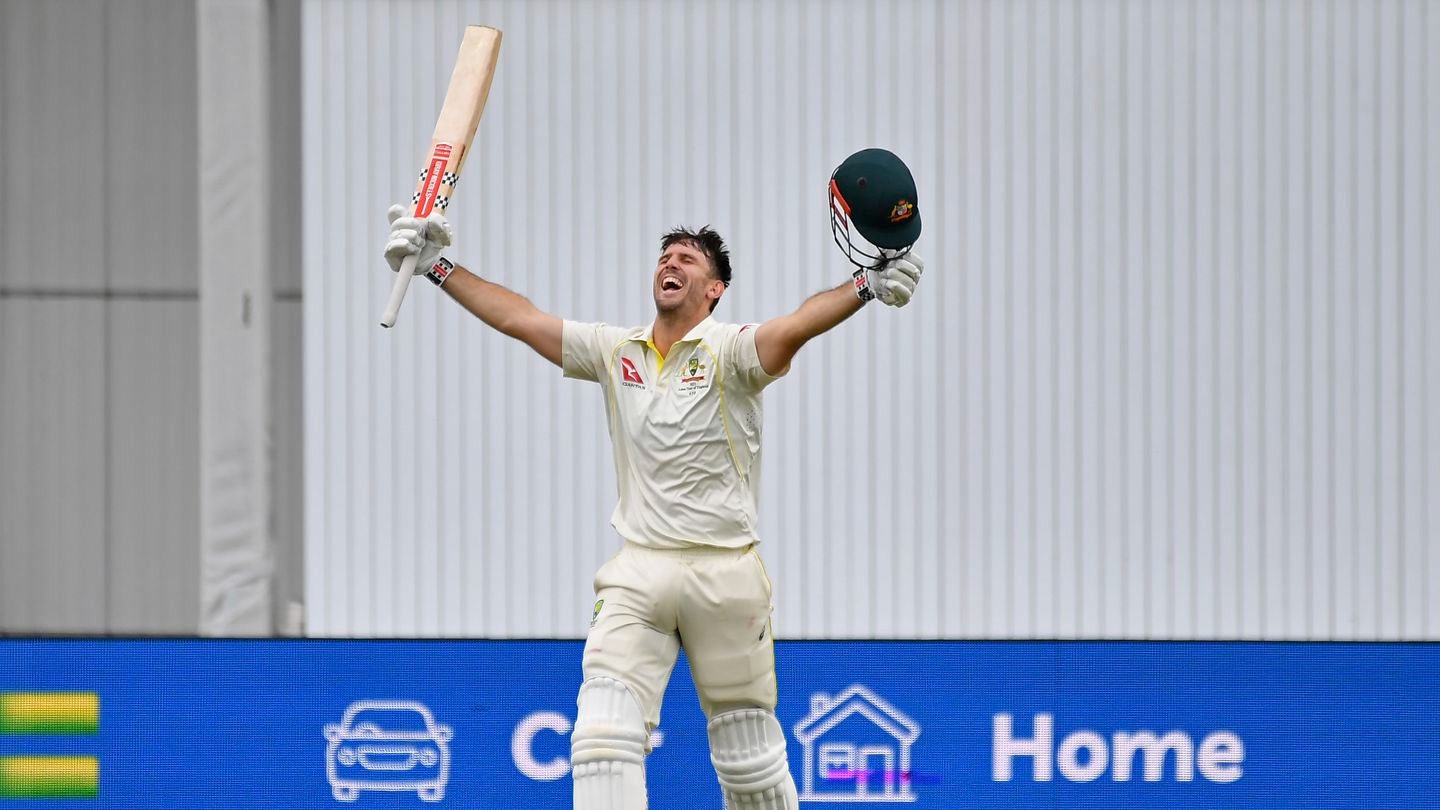 Australia's Mitchell Marsh celebrates scoring a century during the first day of the third Ashes test against England at Headingley. Photo / AP
