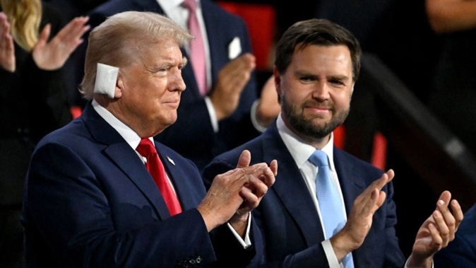 Former US President Donald Trump (left) and Senator J.D. Vance, a Republican from Ohio and Republican vice-presidential nominee, during the Republican National Convention at the Fiserv Forum in Milwaukee, Wisconsin, US. Photo / Getty Images