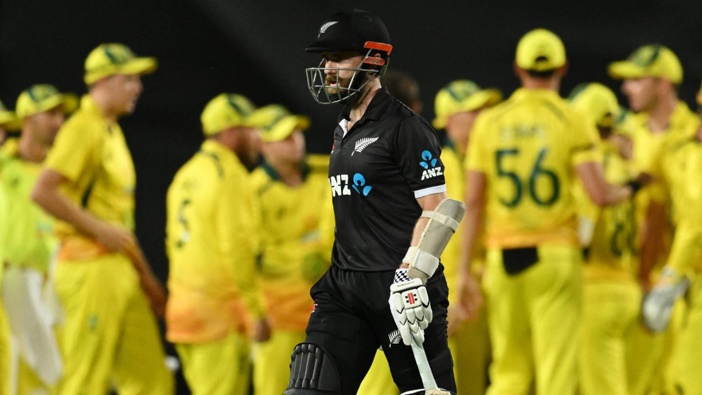 Kane Williamson leaves the field after being run out for 27 against Australia. Photo / Photosport