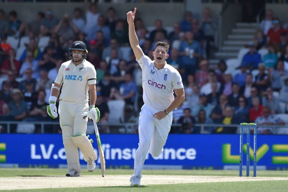 England's Matthew Potts celebrates after dismissing New Zealand's Will Young. (Photo / AP)