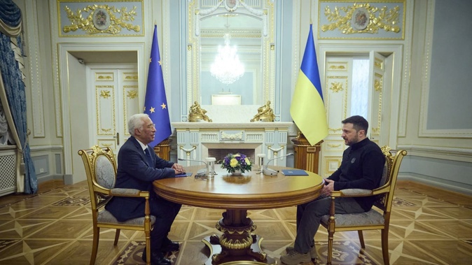 Ukrainian President Volodymyr Zelenskyy (right) speaking with European Council president Antonio Costa. Photo / AFP