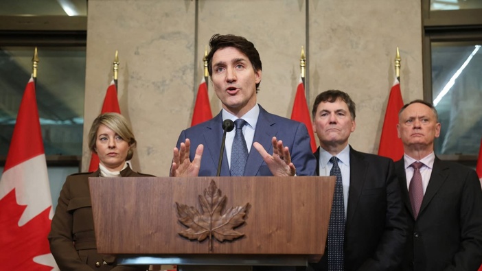 Canada's Prime Minister Justin Trudeau speaks during a news conference about the US tariffs against Canada on March 4, 2025 on Parliament Hill in Ottawa. Photo / AFP