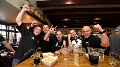 Gavin Clifford (left), Richard Moore, Tony Scott, Terry Ferguson, and Bryan Keightley relish in the All Blacks' victory from the Cornerstone Pub.