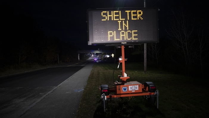 A sign signals the public to shelter in place during an active shooter situation on Wednesday, Oct. 25, 2023, in Lewiston, Maine. Photo / Portland Press Herald via AP