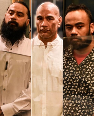 Three men initially charged with the murder of Brian James in Mt Roskill two days before Christmas in 2021 are (from left): Apisaloma Timoti, Angelo Junior Thomsen and Robin Leota. Timoti and Thomsen were instead found guilty of manslaughter and Leota's murder charge was dismissed. Photos / George Block