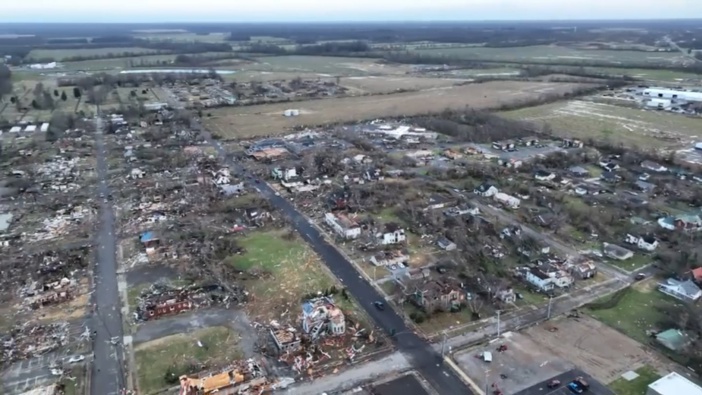 This image shows what remains of downtown Mayfield, Kentucky, following a night of inclement weather in the area. (Photo / Whitney Westerfield)