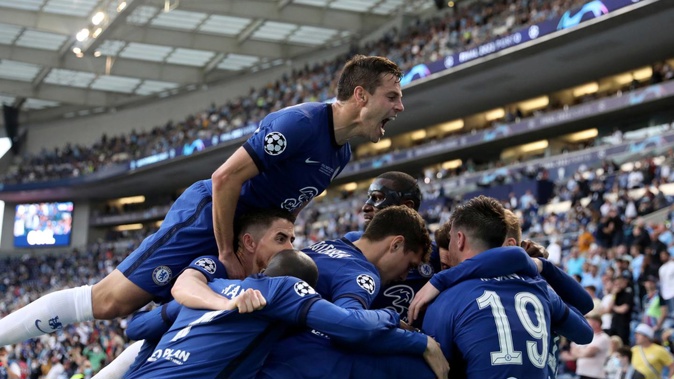 Chelsea players celebrate the winning goal in the Champions League final. (Photo / AP)