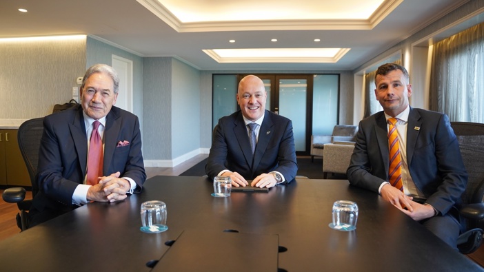 NZ First leader Winston Peters, National's Christopher Luxon and ACT’s David Seymour at coalition negotiations on the 15th of November. Photo / Christopher Luxon