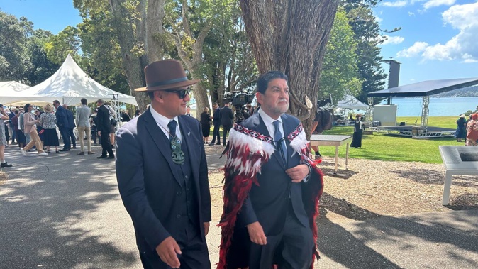 Mexican Ambassador to New Zealand Alfredo Perez Bravo (right) is welcomed onto Waitangi. Photo / Adam Pearse