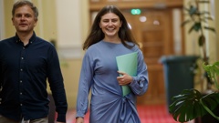 Greens MP Chlöe Swarbrick, with Director of Communications Danny Stevens, arriving for her press conference where she announcing her leadership bid, Parliament, Wellington, 02 February, 2024. Photo / Mark Mitchell