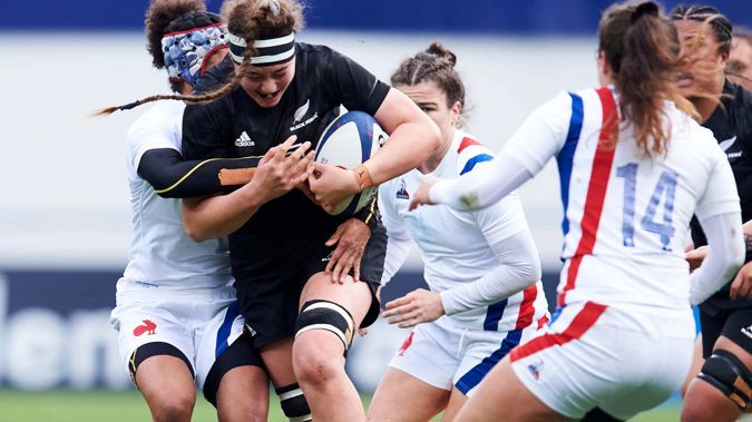Maia Roos of New Zealand Women is tackled during the Autumn International test between France and New Zealand at Stade du Hameau. Getty Images