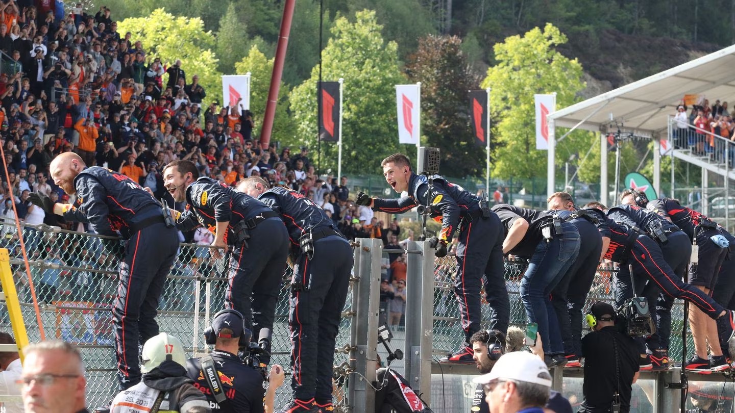 Red Bull Racing team members celebrate on the pit wall during the 2022 Formula One season. Photo / Photosport