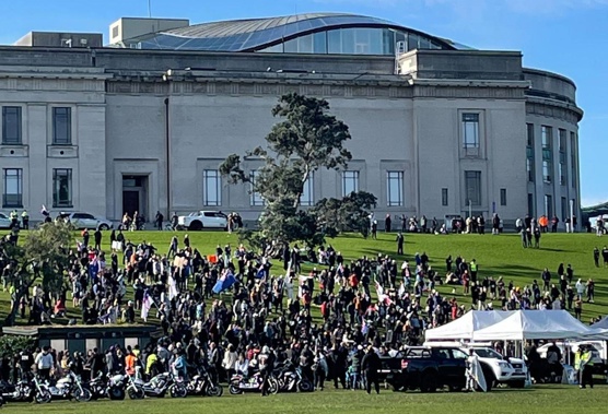 Protesters at the Auckland Domain this morning for the event which organisers hope will later lead to traffic disruption. Photo / Supplied