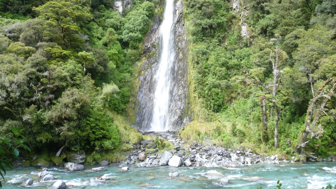 Thunder Creek Falls at the Haast River. Photo / Mike Yardley