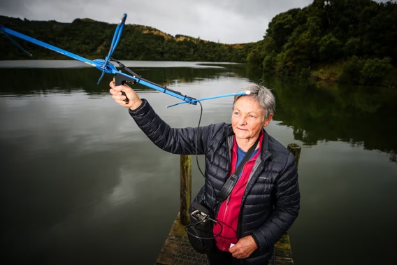 Deb Harrington, ECOED's kiwi creche project manager, checking the whereabouts of kiwi chicks at Lake Opouahi in the Tutira area after thieves stole vital monitoring equipment. Photo / Paul Taylor