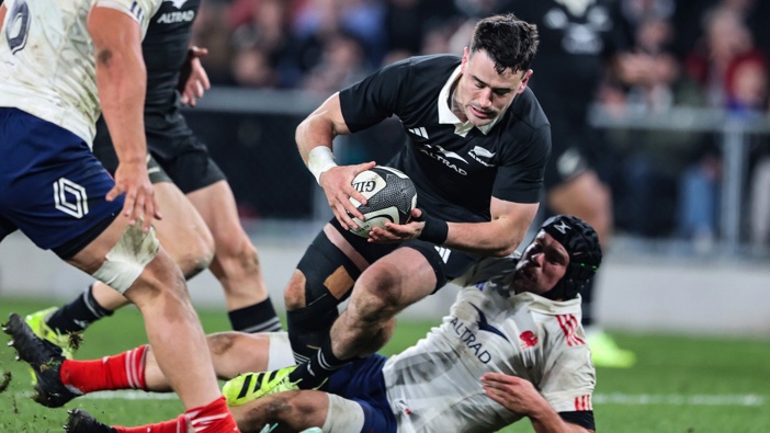 Will Jordan in action during the All Blacks v France rugby match at Forsyth Barr Stadium, Dunedin. 5 July 2025. Photo / Photosport