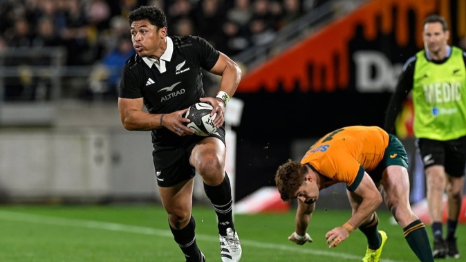 Caleb Clarke breaks clear in the second Bledisloe Cup test in Wellington. Photo / Photosport