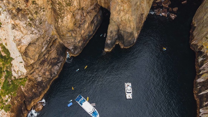 The scene of a dramatic helicopter rescue at Cave Bay in Northland's Poor Knights Islands Marine Reserve, during December, 2020. Photo / Supplied