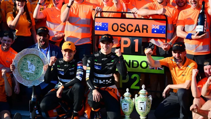 Oscar Piastri of McLaren F1 Team and Lando Norris of McLaren F1 Team are celebrating with their team after the race of the Hungarian GP. Photo / Getty Images