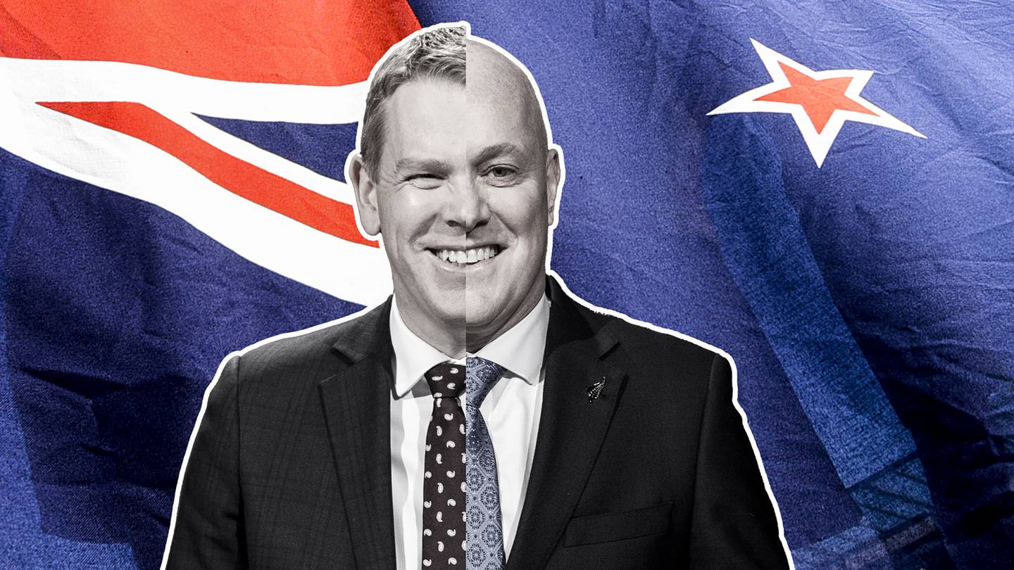 Chris Hipkins and Christopher Luxon mash-up over the New Zealand flag - the race for the centre. Photo / NZME