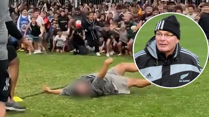 Former All Blacks scrum and lineout coach Mike Cron (inset) has described Run It Straight events as "barbaric". Photo / New Zealand Herald composite
