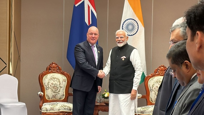 Prime Minister Christopher Luxon and India's Narendra Modi meet for the first time on the sidelines of the East Asia Summit in Laos. Photo / Jamie Ensor.
