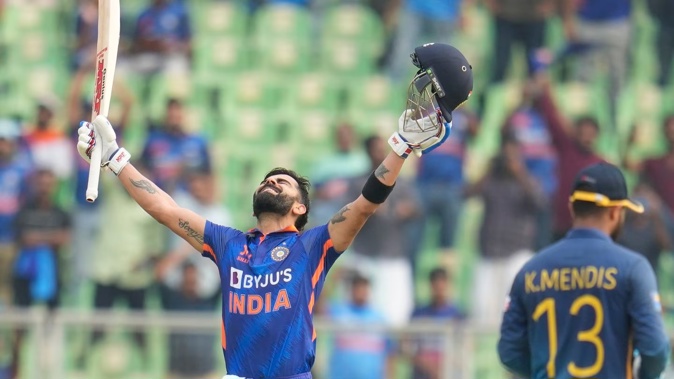 India's Virat Kohli celebrates his century against Sri Lanka. Photo / AP