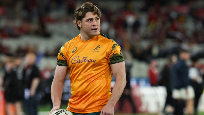 James O'Connor of Australia reacts while warming up before the second test of the series between Australia Wallabies and British & Irish Lions at the Melbourne Cricket Ground on July 26, 2025 in Melbourne, Australia. (Photo by Steve Christo - Corbis/Corbis via Getty Images)