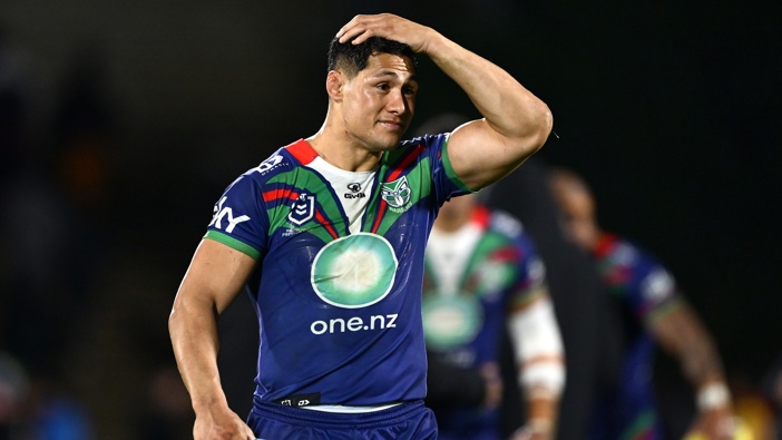 Roger Tuivasa-Sheck of the Warriors reacts after losing the round 22 NRL match between New Zealand Warriors and Dolphins at Go Media Stadium, on August 01, 2025, in Auckland, New Zealand. (Photo by Hannah Peters/Getty Images)