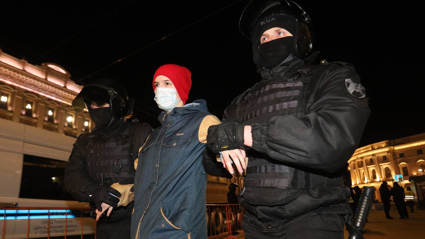 Russian security forces detain demonstrators as they stage an anti-war demonstration in St Petersburg. Photo / Getty Images