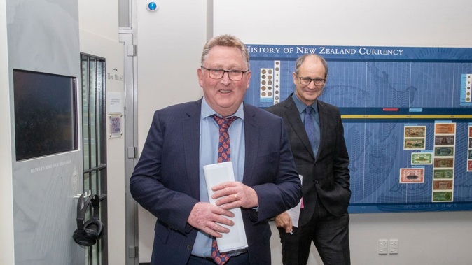 Reserve Bank Governor Adrian Orr and chief economist Paul Conway arriving for their OCR review media conference in Wellington in May, 2023. Photo / Mark Mitchell