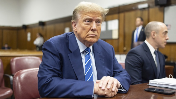Former President Donald Trump awaits the start of proceedings on the second day of jury selection at Manhattan criminal court, Tuesday, April 16, 2024, in New York. Photo / AP